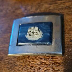 Vintage Ship Belt Buckle with Blue Enamel
